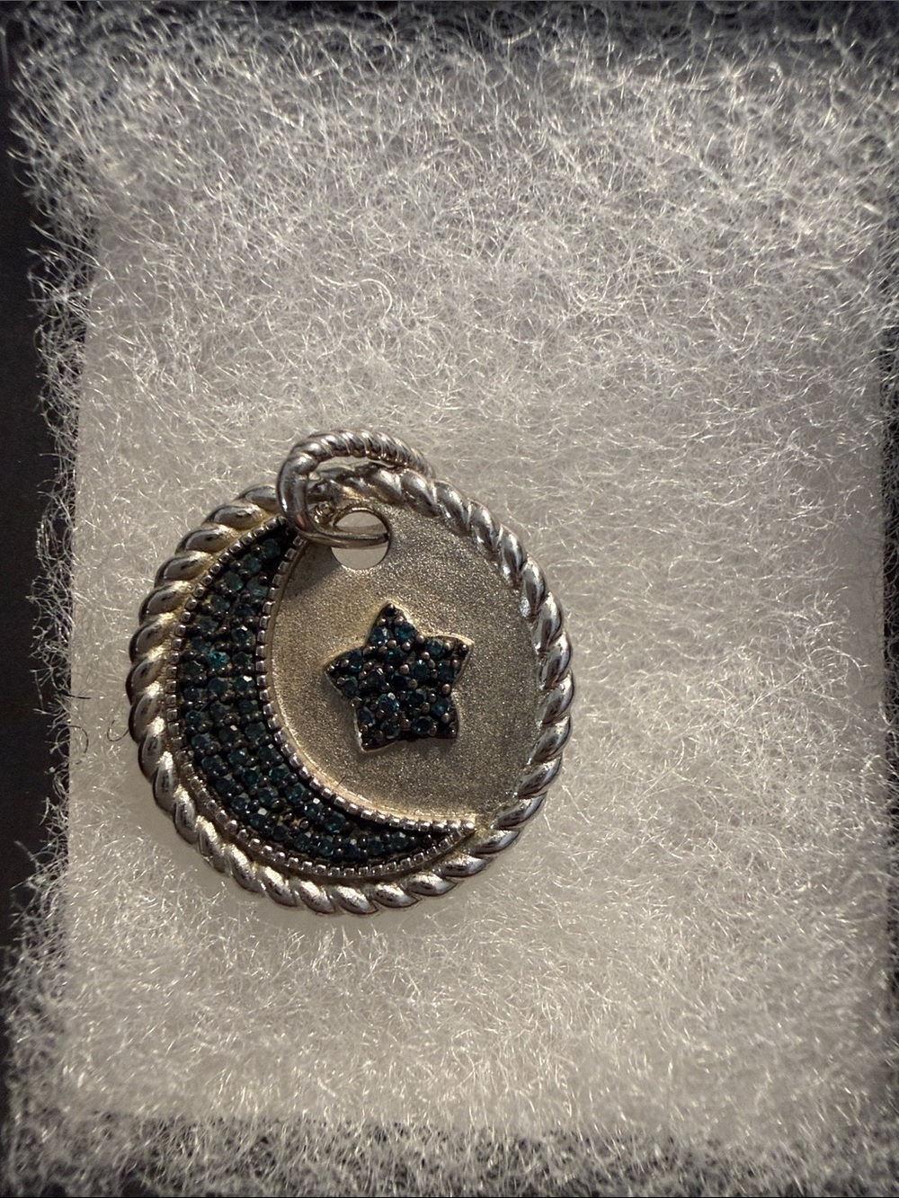 Sterling Silver Moon & Star Pendant with Blue Diamonds.